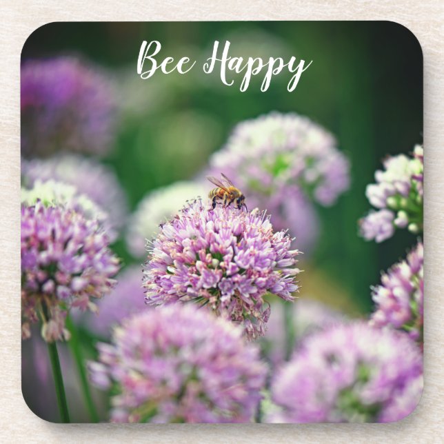 Bee Happy Jubiläum mit Lila Allium-Blume Getränkeuntersetzer (Vorderseite)