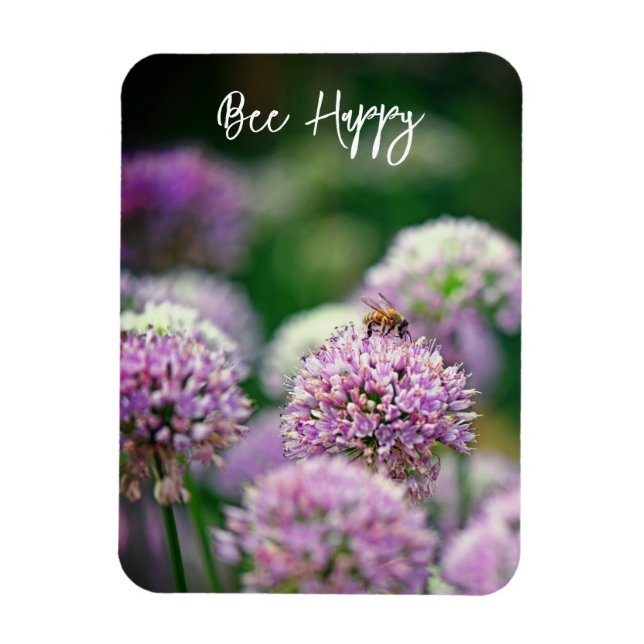 Bee Happy mit Lila Allium Blume Motivierend Magnet (Vertikal)
