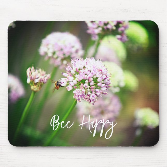 Bee Happy mit Lila Diagonal Allium Blume Mousepad (Vorne)