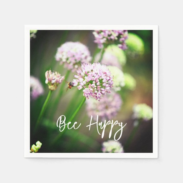 Bee Happy mit Lila Diagonal Allium Blume Serviette (Vorderseite)