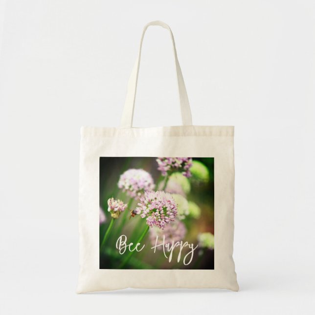 Bee Happy mit Lila Diagonal Allium Blume Tragetasche (Vorne)