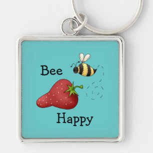 Bee Happy Strawberry Print Art Schlüsselanhänger