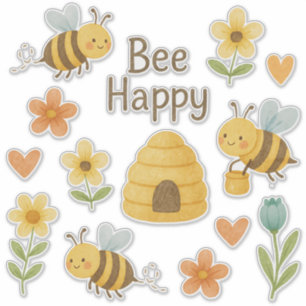 "BEE HAPPY"- süße Bienen mit Blumen- Aquarell Aufkleber