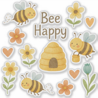 "BEE HAPPY"- süße Bienen mit Blumen Aufkleber