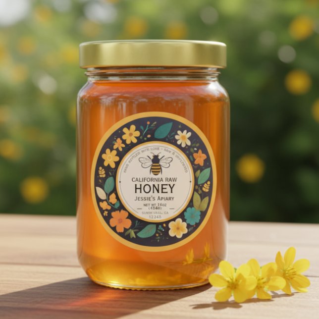 Bee Honey Jar Sticker Label - Dunkle, moderne Blüt (Personalized Customized Honey Label Homemade Beekeeping Jar Hunny Labels)