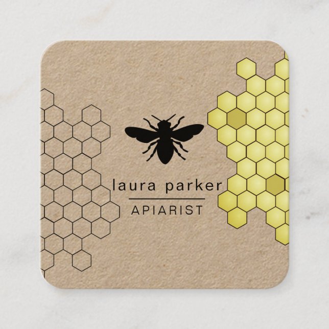 Bee Honey Seller Apiarist Black Yellow Hexagon Squ Quadratische Visitenkarte (Vorderseite)