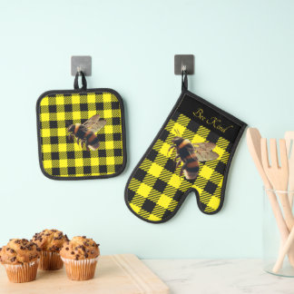 "Bee Kind" Gingham Ofenhandschuh & Topflappen-Set