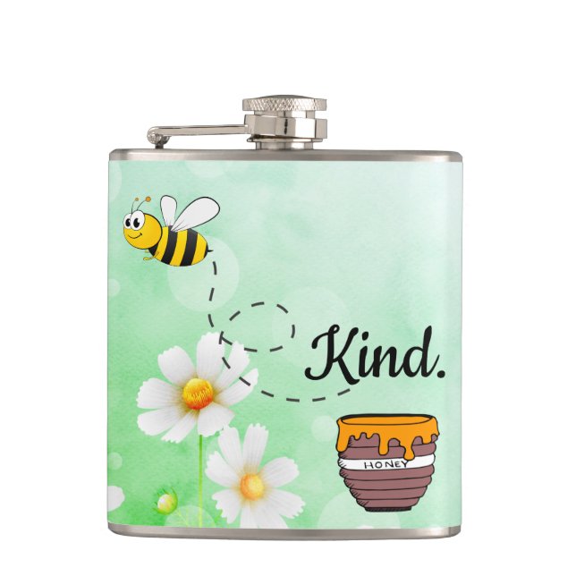 Bee Kind Honey Blumeninsekt Cartoon Flachmann (Vorderseite)