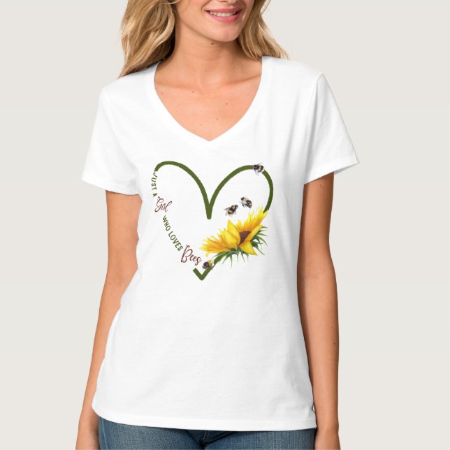 BEE MÄDCHEN LIEBE Wasserfarbe Sonnenblumen Herz V- T-Shirt (Vorderseite)
