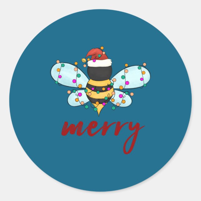 Bee Merry Christmas Bee In Santa Hat Cute Merry Xm Runder Aufkleber (Vorderseite)