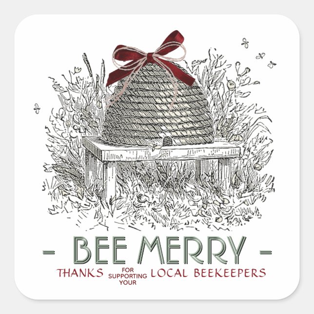Bee Merry Holiday Sticker Skep mit Red Bow (Vorderseite)