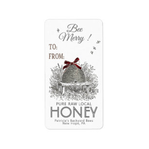 Bee Merry Honey Gift Label Red Bow auf Skep Adressaufkleber