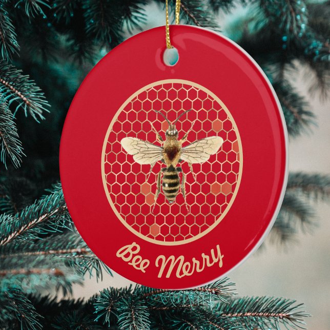 Bee Merry Royal Bee and Honeycomb on Red Keramik Ornament (Von Creator hochgeladen)