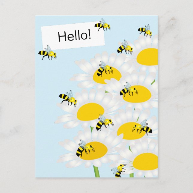 Bee on Blume Postcard - Blue Backgrond Postkarte (Vorderseite)