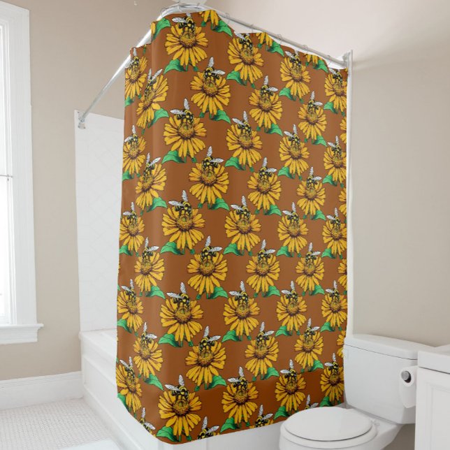 Bee on Sunflower Flower Pattern Design Brown  Duschvorhang (Von Creator hochgeladen)
