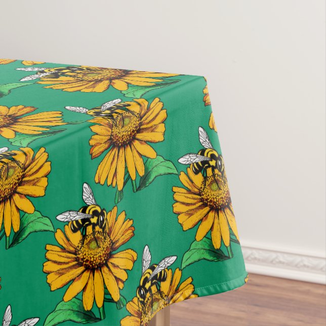 Bee on Sunflower Flower Pattern Design Green  Tischdecke (Beispiel)