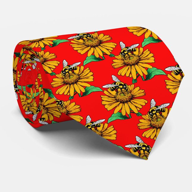 Bee on Sunflower Flower Pattern Design Red  Krawatte (Von Creator hochgeladen)