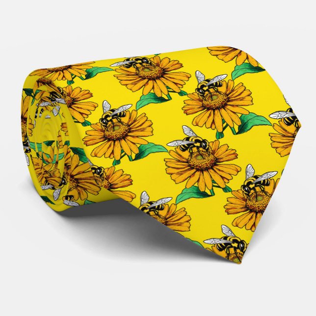Bee on Sunflower Flower Pattern Design Yellow  Krawatte (Von Creator hochgeladen)