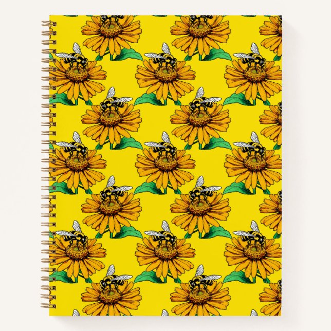 Bee on Sunflower Flower Pattern Design Yellow  Notizbuch (Vorderseite)