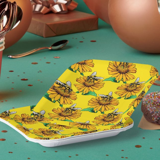 Bee on Sunflower Flower Pattern Design Yellow  Pappteller (Von Creator hochgeladen)