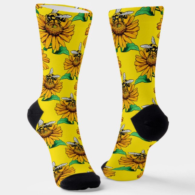 Bee on Sunflower Flower Pattern Design Yellow  Socken (Von Creator hochgeladen)