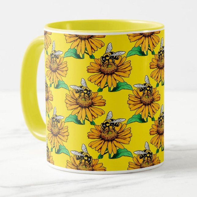 Bee on Sunflower Flower Pattern Design Yellow  Tasse (Von Creator hochgeladen)