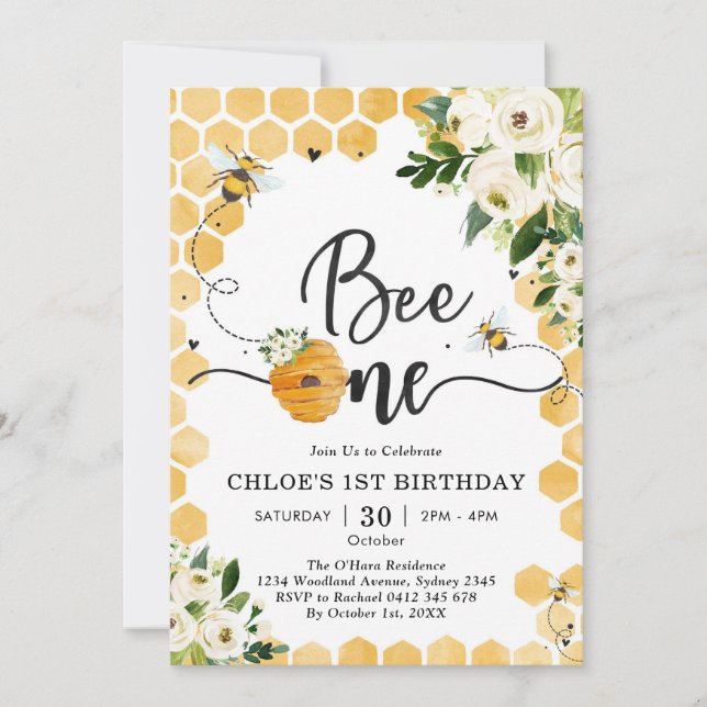 Bee One Honey Bee Floral 1st Birthday Invitation Einladung (Vorderseite)