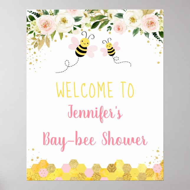 Bee Pink Gold Floral Baby Dusche Willkommen Poster (Vorne)