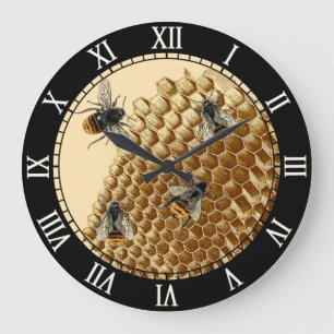 Bee Print, Honeycomb Illustration, Vintage Große Wanduhr