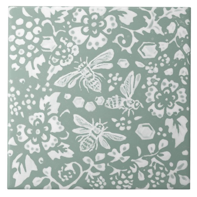 Bee Sage Green Honeycomb Blumengarten Design Fliese (Vorderseite)