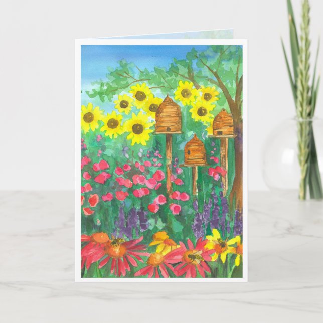 Bee Skep Watercolor Sonnenblumen Happy Birthday Karte (Vorderseite)