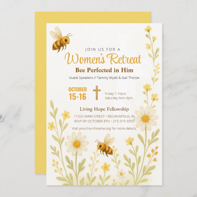 Bee Theme Gold Floral Women's Church Retreat Einladung (Vorne/Hinten)