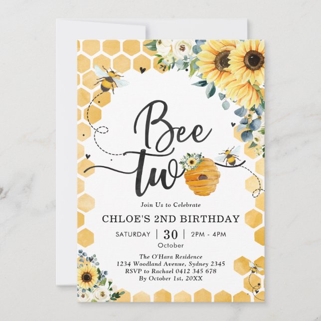 Bee Two Honey Bee 2nd Birthday Invitation Einladung (Vorderseite)