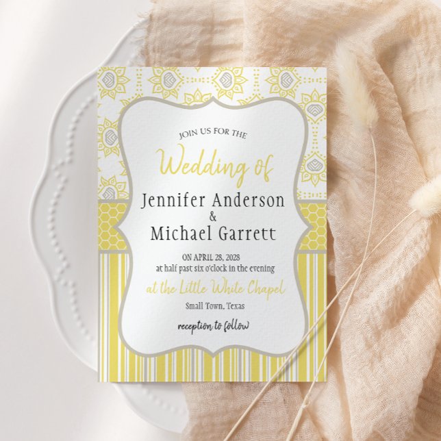Bee Yellow and Gray Geometric Wedding Einladung (Von Creator hochgeladen)