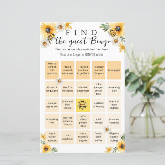 Bee Yellow flowers Baby Shower Bingo Game