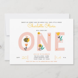 Bee Yellow & Pink Floral ONE Baby's 1. Geburtstag Einladung