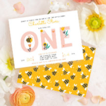 Bee Yellow & Pink Floral ONE Baby's 1. Geburtstag