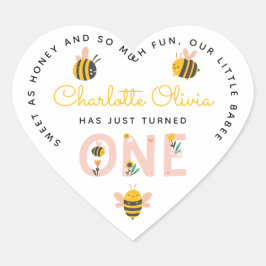 Bee Yellow & Pink Floral ONE Baby's 1. Geburtstag Herz-Aufkleber