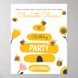 Bee Yellow & Pink Floral ONE Baby's 1. Geburtstag Poster