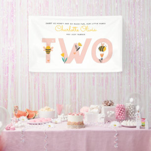 Bee Yellow & Pink Floral ZWEI Baby's 2. Geburtstag Banner
