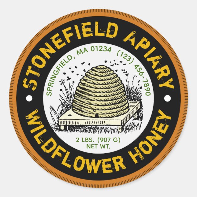 Beehive Apiary Name Dark Amber Honey Jar Stickers (Vorderseite)
