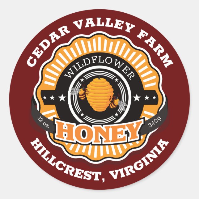Beehive Emblem Honey Jar Dark Red Runder Aufkleber (Vorderseite)