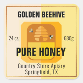 Beehive Graphic Light Gold Honey Jar Labels Quadratischer Aufkleber