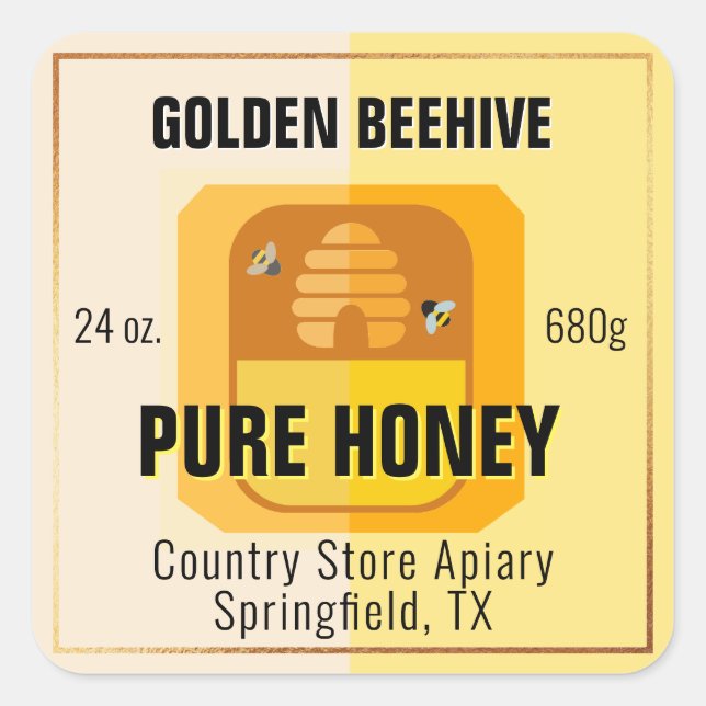 Beehive Graphic Light Gold Honey Jar Labels Quadratischer Aufkleber (Vorderseite)