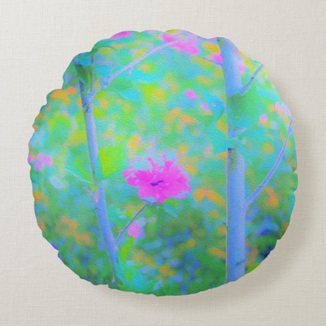 Beeindruckende blaue Landschaft mit rosa Blume Rundes Kissen (Vorderseite)