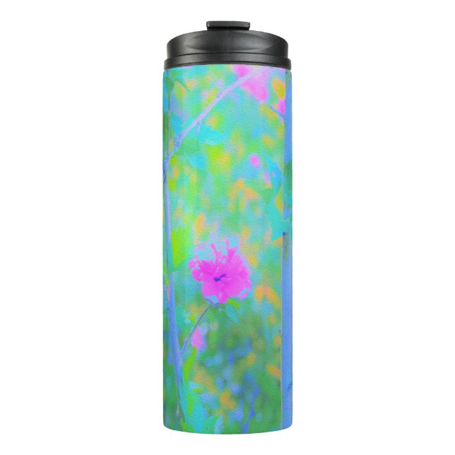 Beeindruckende blaue Landschaft mit rosa Blume Thermosbecher (Vorderseite)