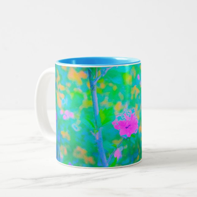 Beeindruckende blaue Landschaft mit rosa Blume Zweifarbige Tasse (Vorderseite Links)
