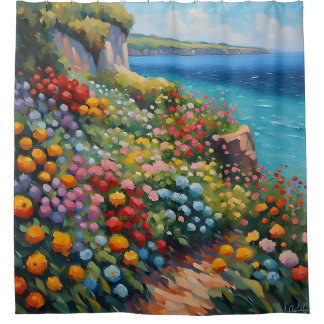 "Beeindruckende Blume am Kliff mit Blick auf das M Duschvorhang