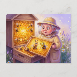 Beekeeper inspecting honeycombs in cheerful comic postkarte