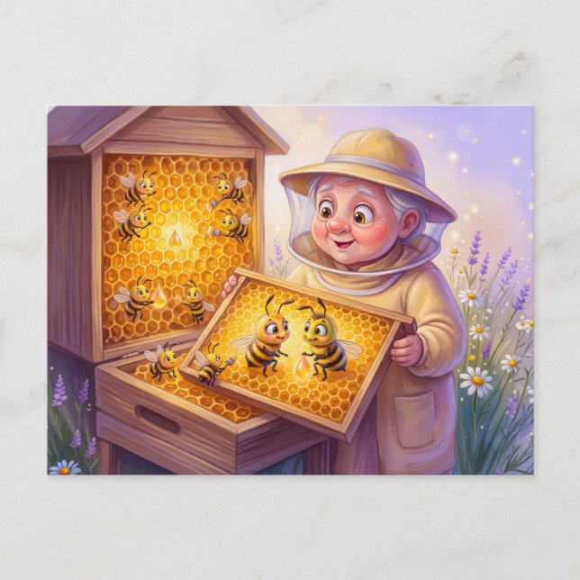 Beekeeper inspecting honeycombs in cheerful comic  postkarte (Vorderseite)